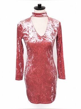Ambiance Pink Crushed Velvet Choker Bodycon Mini Dress M Long Sleeve